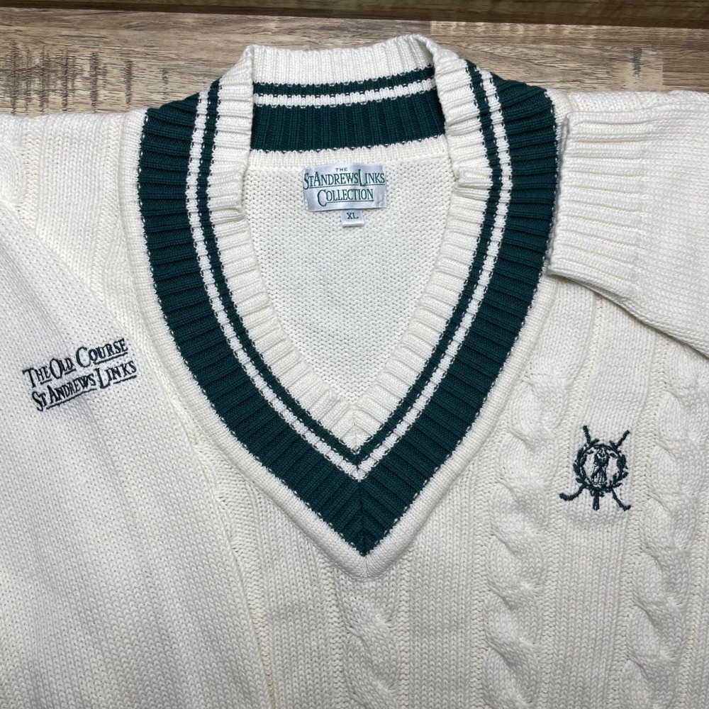 St Andrews Links Collection‎ Cricket Tennis V Neck Cable Knit Sweater XL Cream